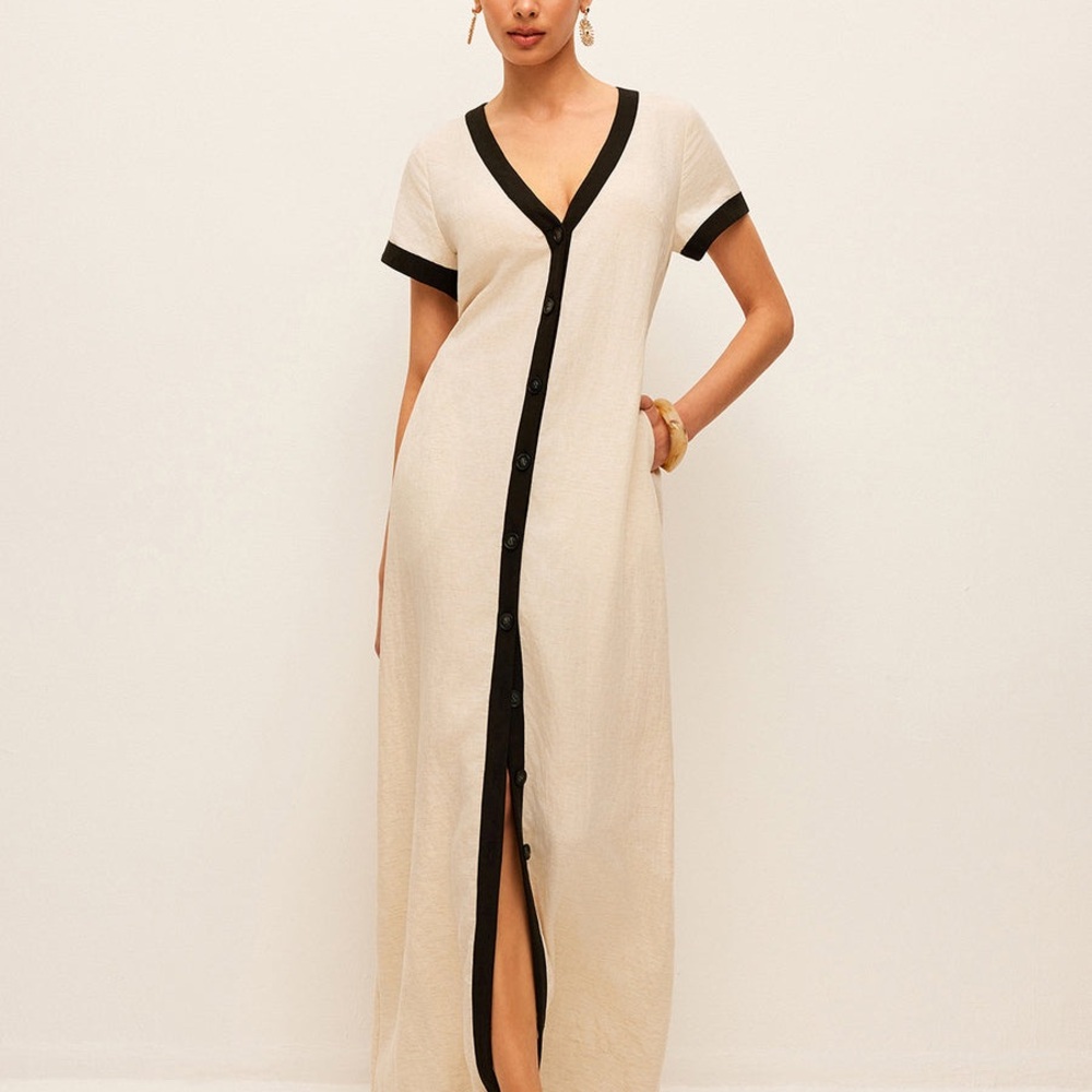 NWT Commense Cotton & Linen High-slit Contrast Trim Dress S